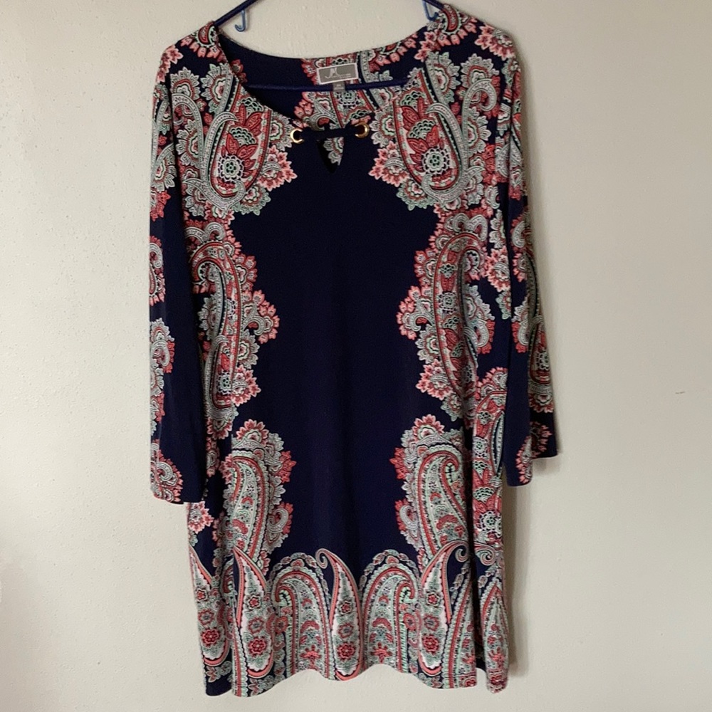 JM Collection Navy Paisley Midi Dress with Coral and Mint Accents